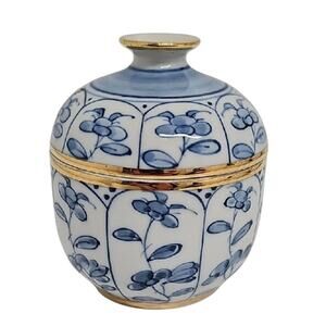 Vintage Made in Thailand 97 White w/Blue Floral Porcelain Jar with Gold Accents